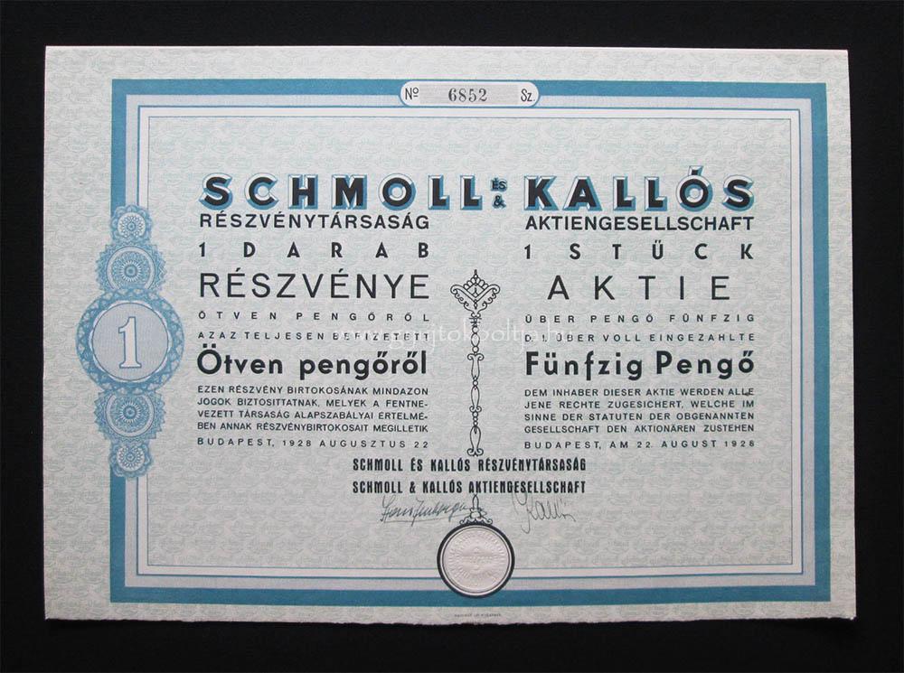 Schmoll és Kallós részvény 50 pengõ 1928
